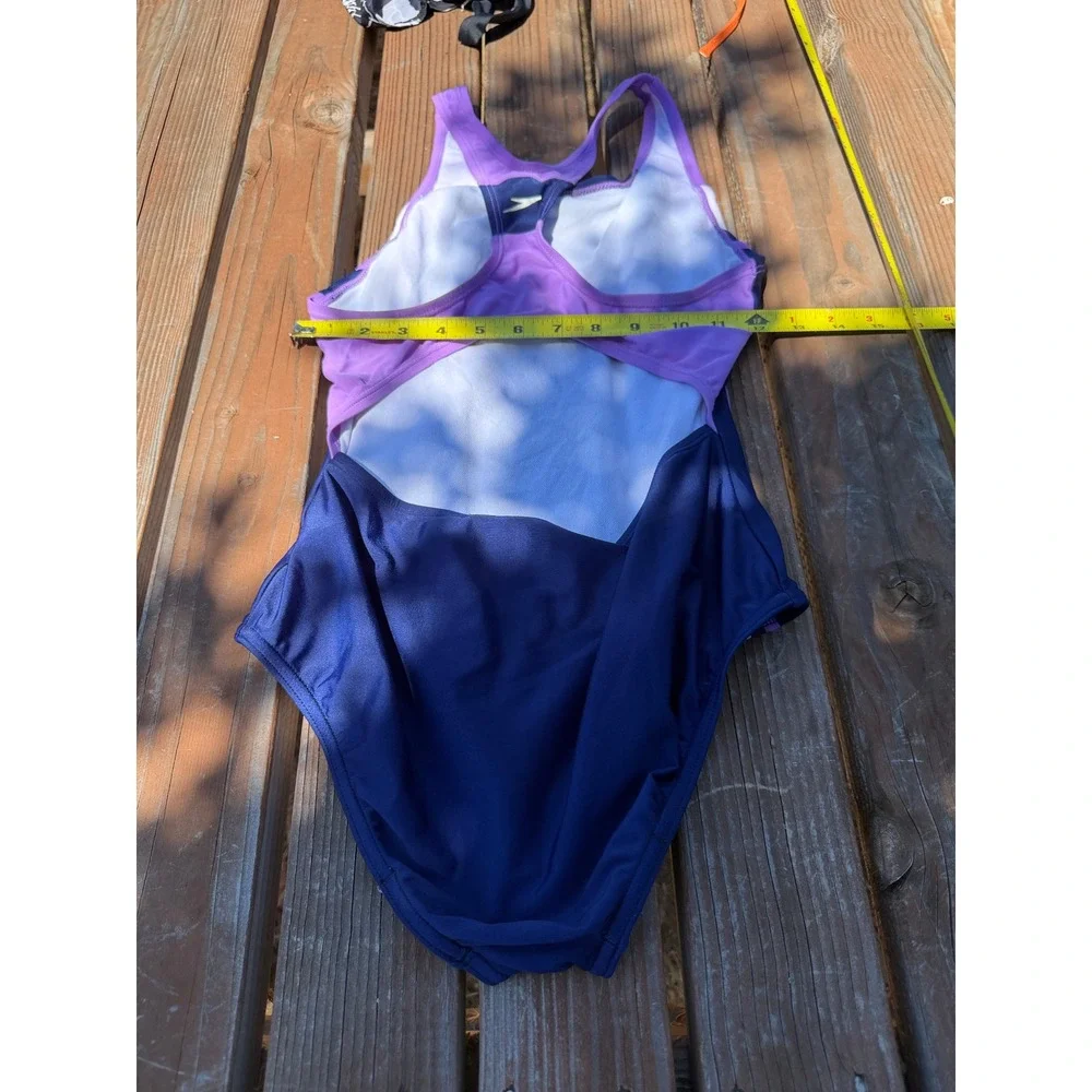 Speedo Girls One Piece Swimsuit Size 16 Navy Purple White Racerback Swimwear